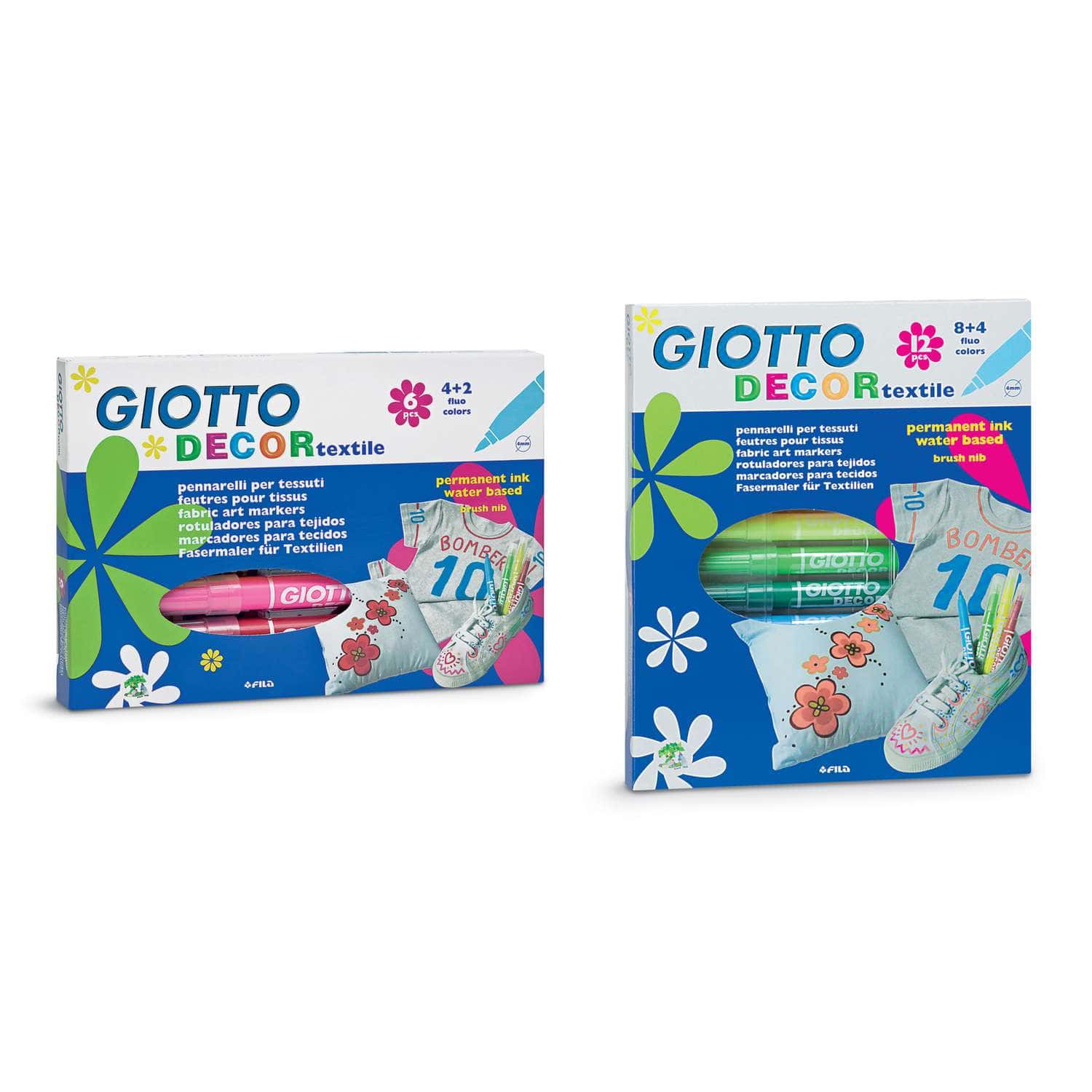 GIOTTO - 494500 - Pennarelli per tessuti decor textile tratto fine 1-3 mm  assortiti astuccio da 8 + t-shirt bianca - 8000825007255