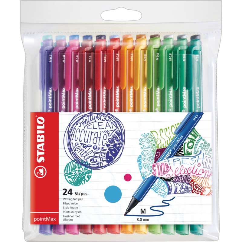 Stabilo - Set di penne in nylon pointMax, Set da 24, 0,8 mm, punta conica