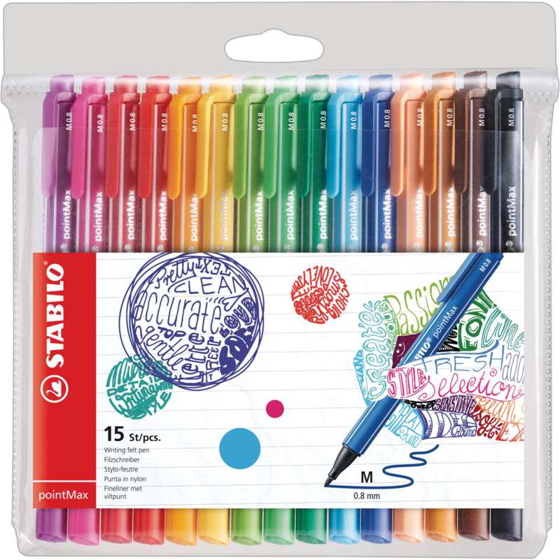 Stabilo - Set di penne in nylon pointMax, Set da 15, 0,8 mm, punta conica